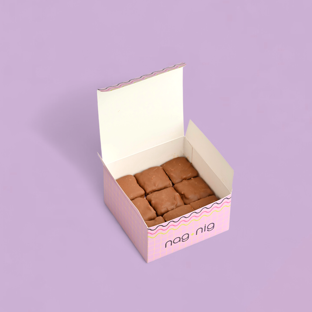 Box of Nag Nig cookies on a purple background